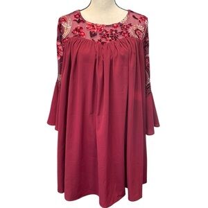 Altar'd State Burgundy Red Floral Velvet Burnout‎ 3/4 Sleeve Flowy Boho Dress S